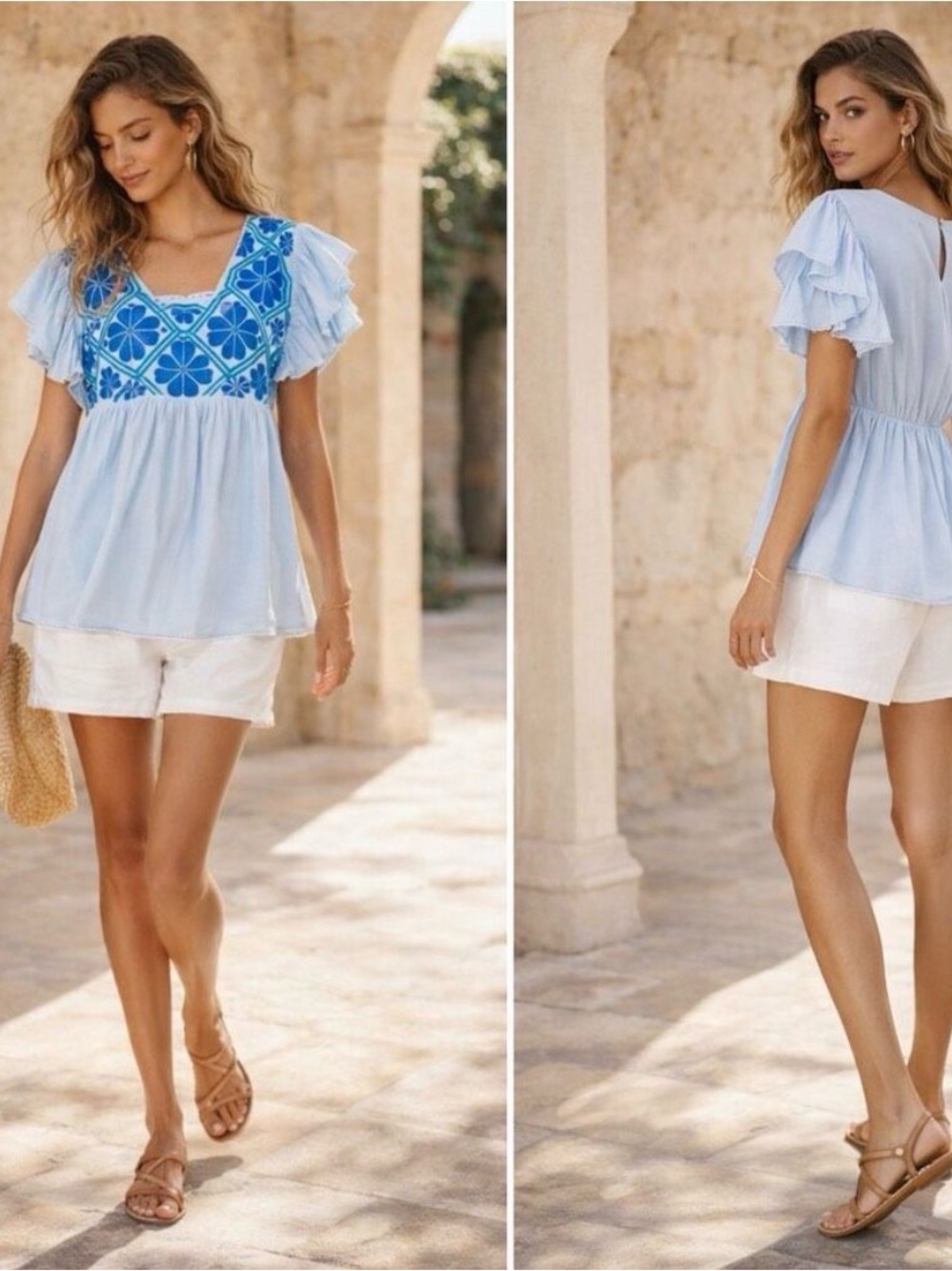 J.Marie Embroidered Flutter Sleeve Top - Light Blue NWT Medium - Picture 2 of 14